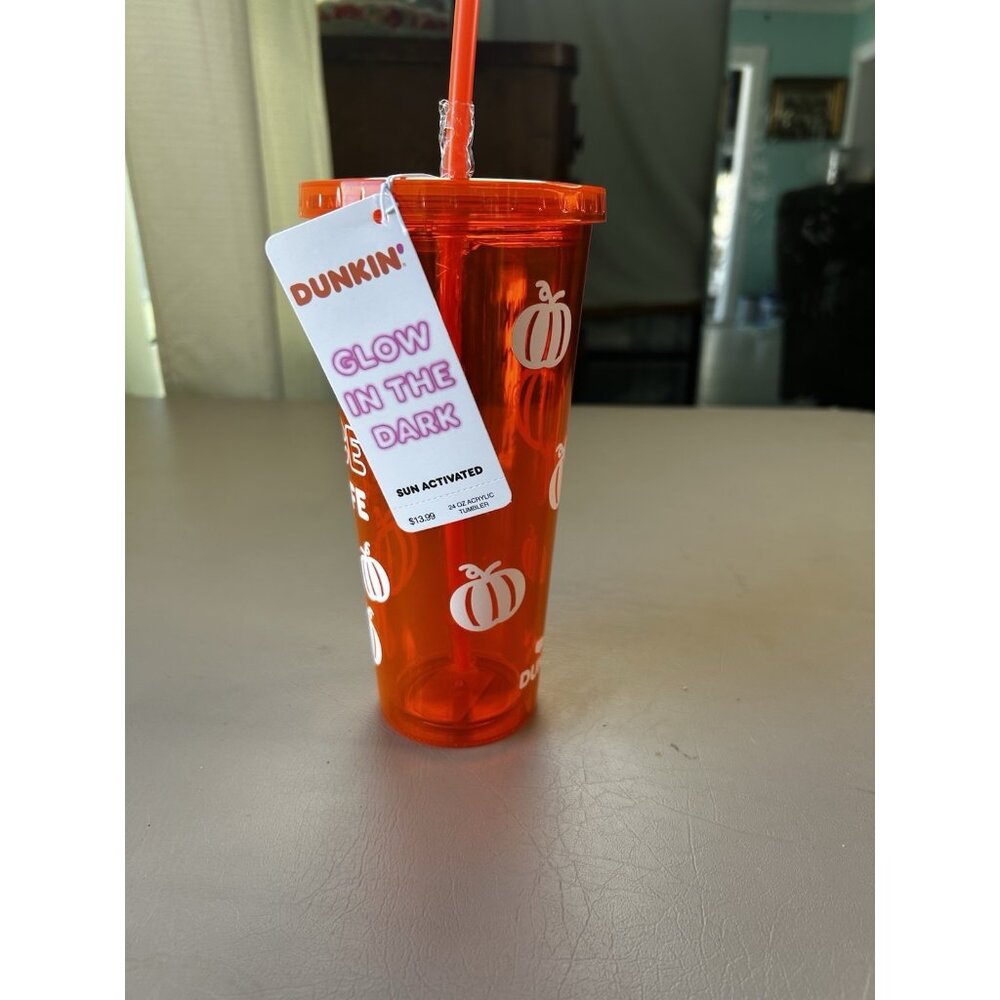 Dunkin Donuts Glow In The Dark Tumbler Cup Straw 24oz Orange Pumpkin Spice NWT - Picture 6 of 12